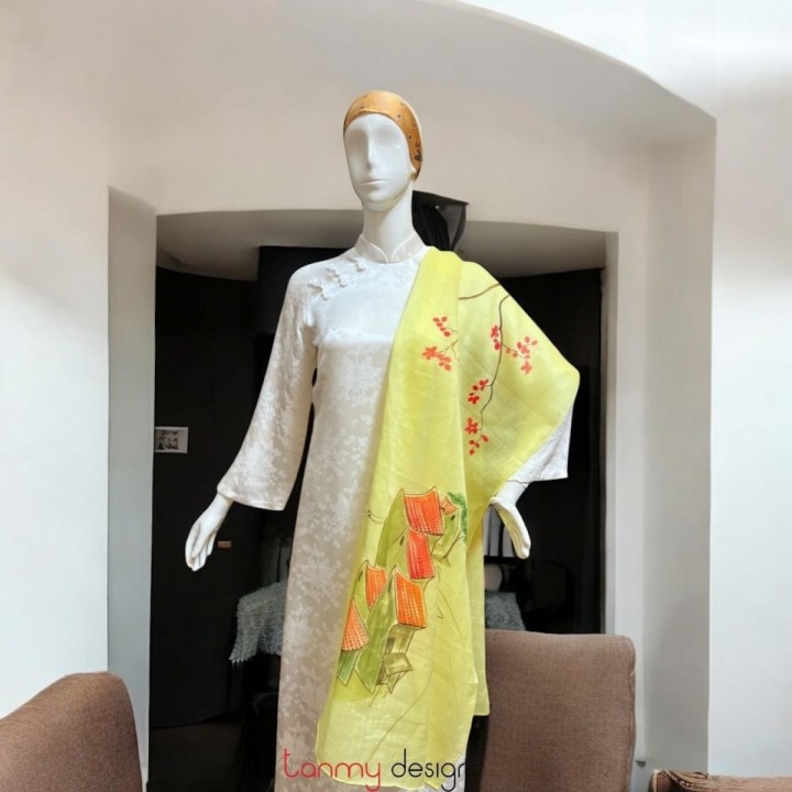Khăn gai dài màu vàng vẽ tay hình phố cổ 70*190cm